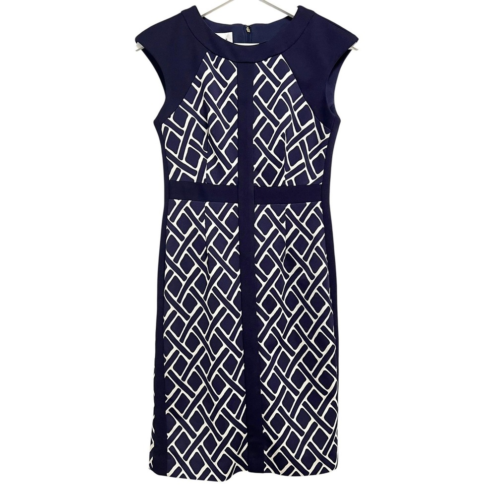 JM Collection Dress Womens 2 Navy Blue White Geometric Sheath Knee Length Office